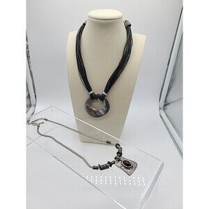 Set of 2 - Chico's Pendant Necklaces  Burnished Gray Pendant/Black Cord